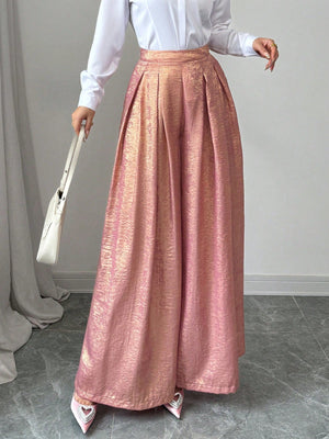 3D Pleated Romantic Pink Metallic Sheen Wide - Leg Women's Pants - Negative Apparel