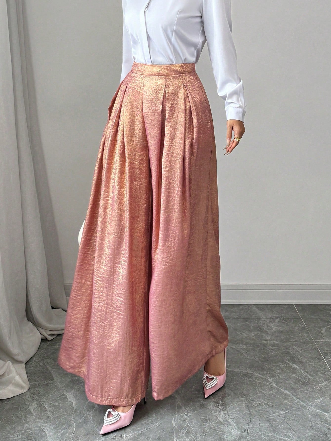 3D Pleated Romantic Pink Metallic Sheen Wide - Leg Women's Pants - Negative Apparel