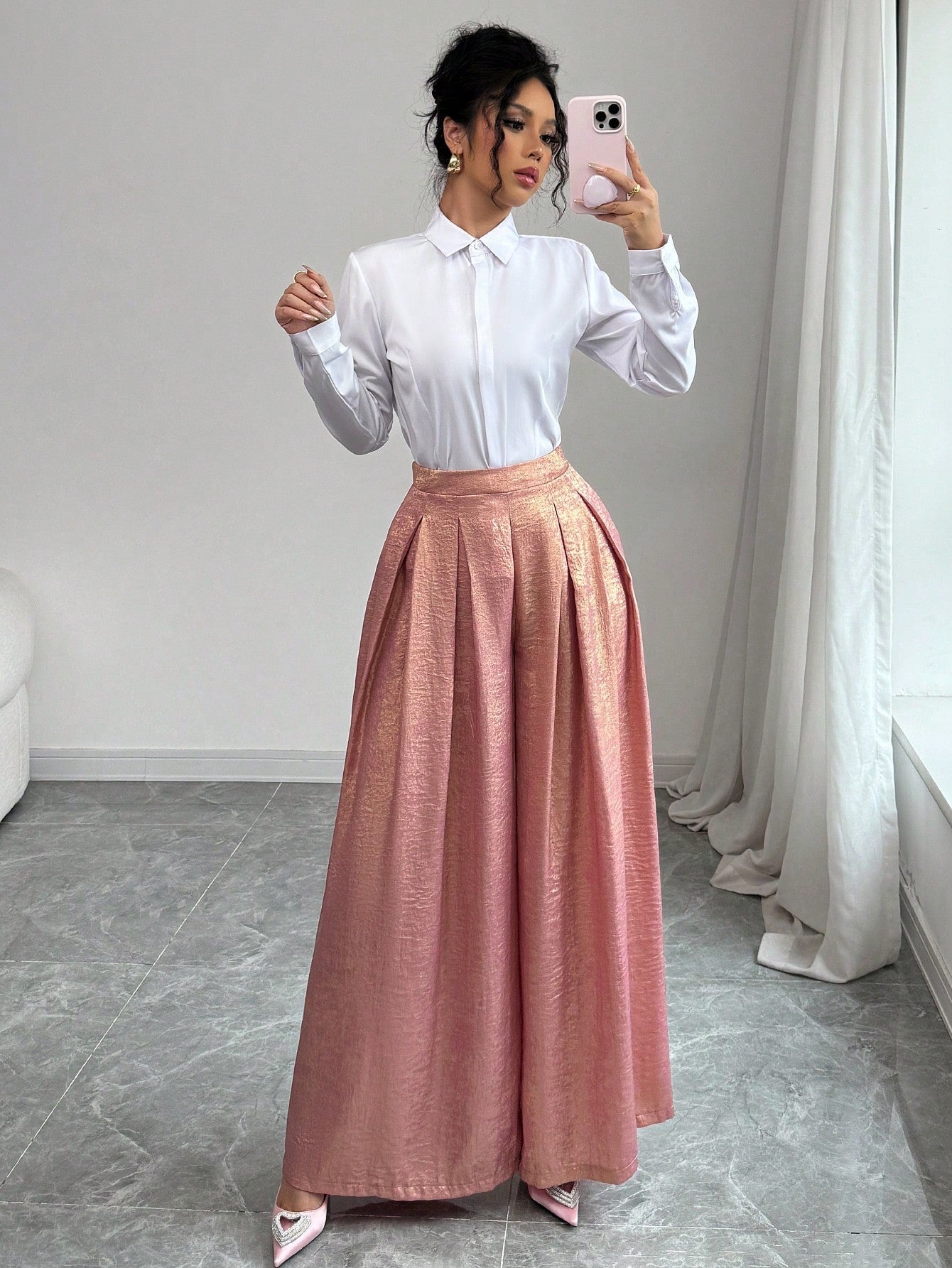 3D Pleated Romantic Pink Metallic Sheen Wide - Leg Women's Pants - Negative Apparel