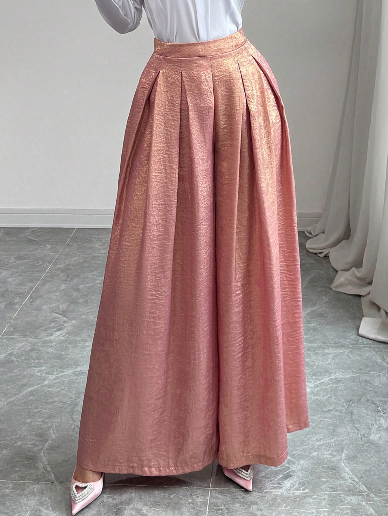 3D Pleated Romantic Pink Metallic Sheen Wide - Leg Women's Pants - Negative Apparel