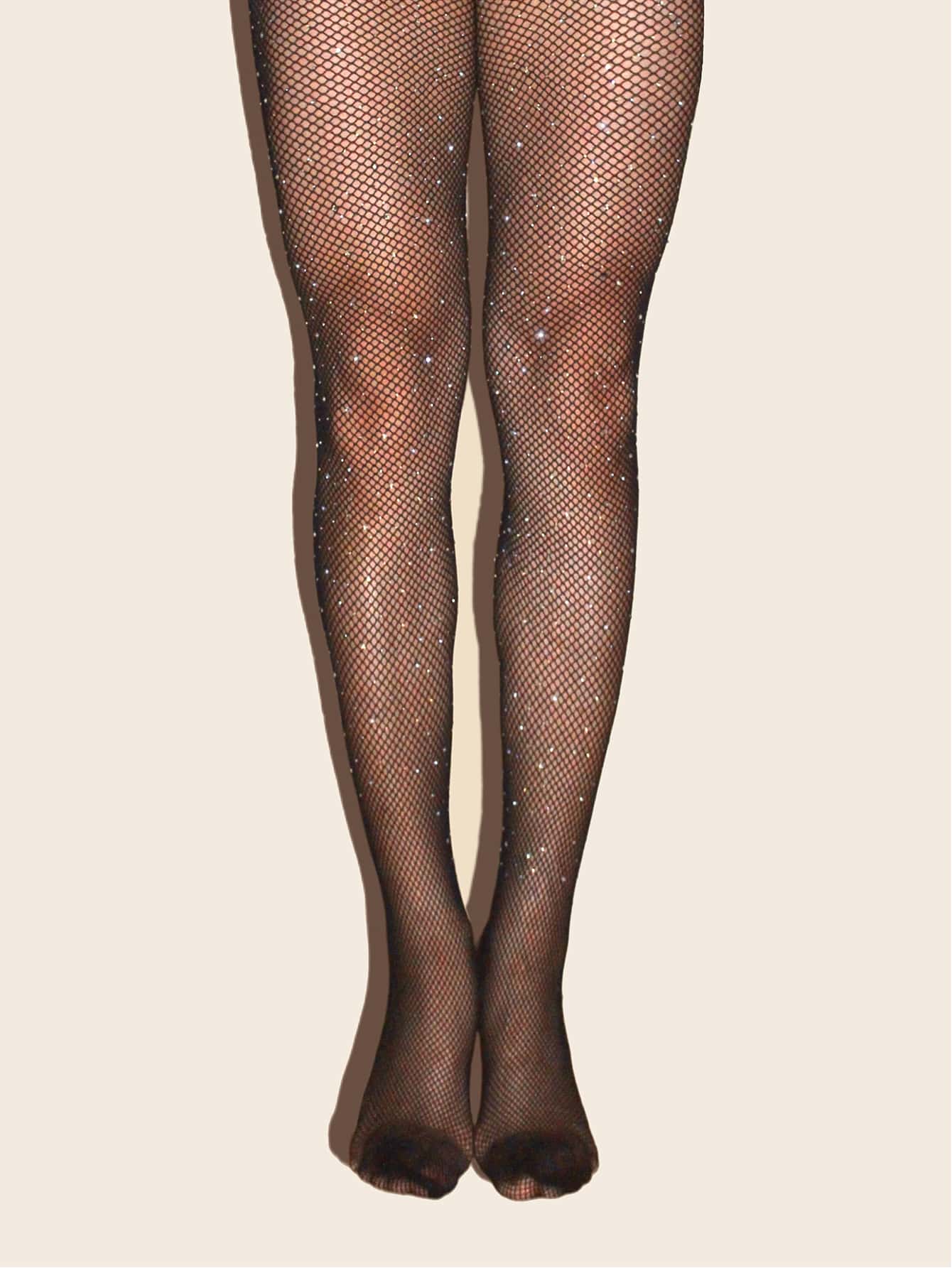 3pairs Rhinestone Decor Fishnet Mesh Tights - Negative Apparel