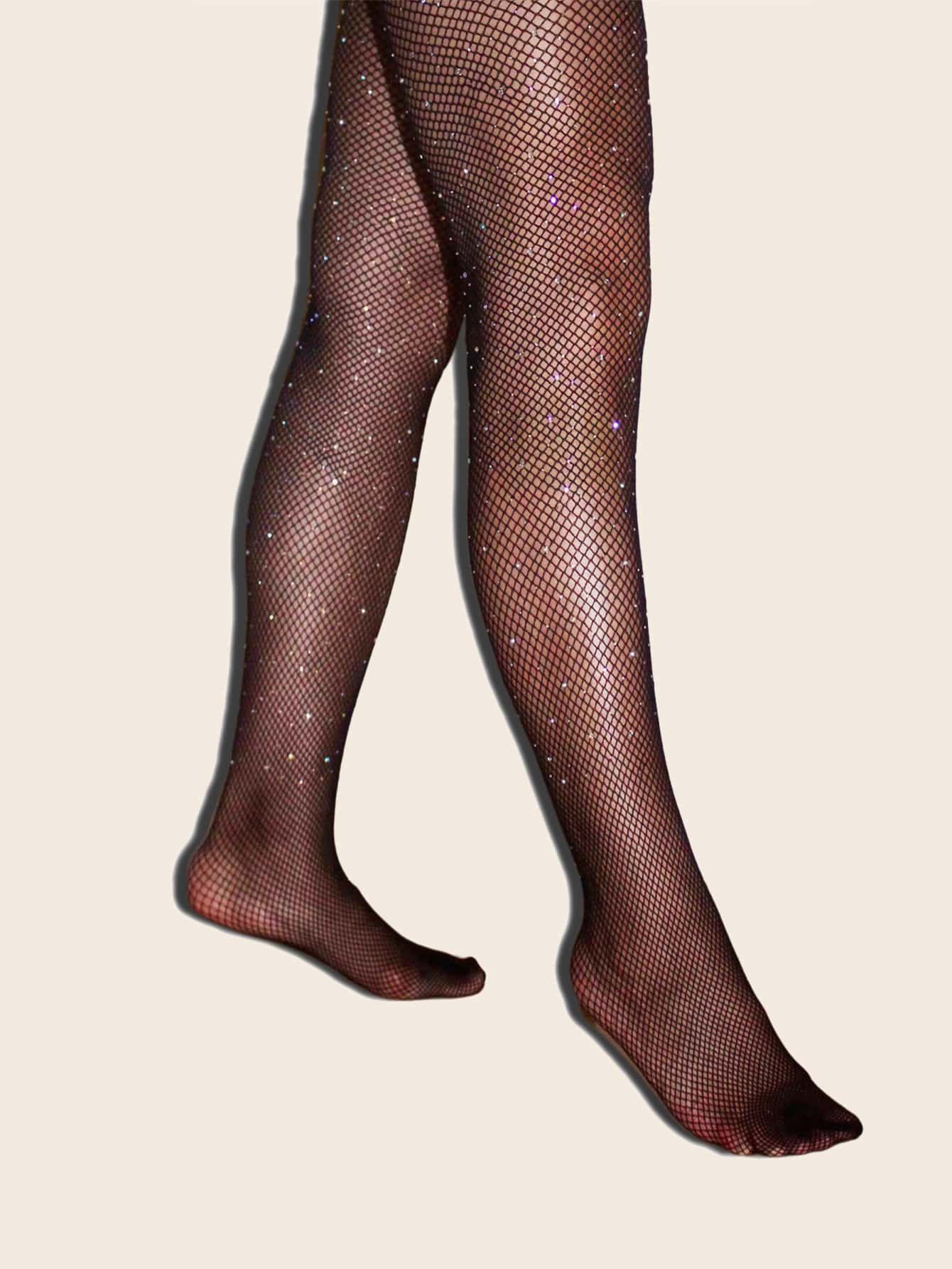 3pairs Rhinestone Decor Fishnet Mesh Tights - Negative Apparel