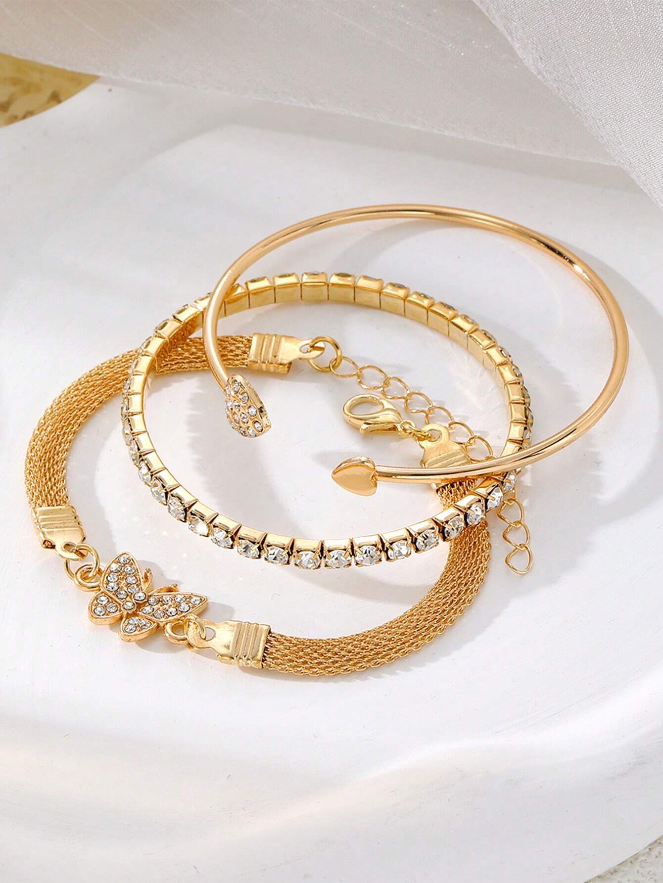 3pcs/Set Luxury Fashion Minimalist Personalized Rhinestone Butterfly & Heart Layered Bangle Bracelet FD - Negative Apparel