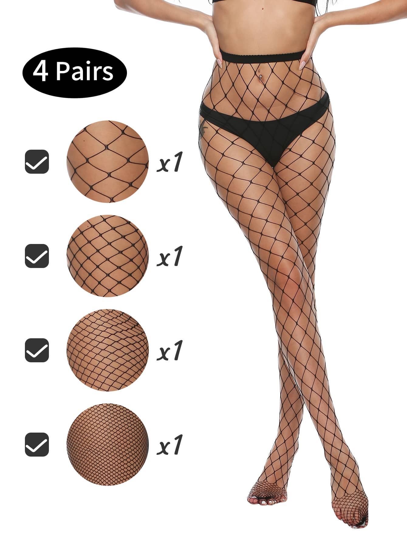 4pairs Plain Black Fishnet Tights - Negative Apparel