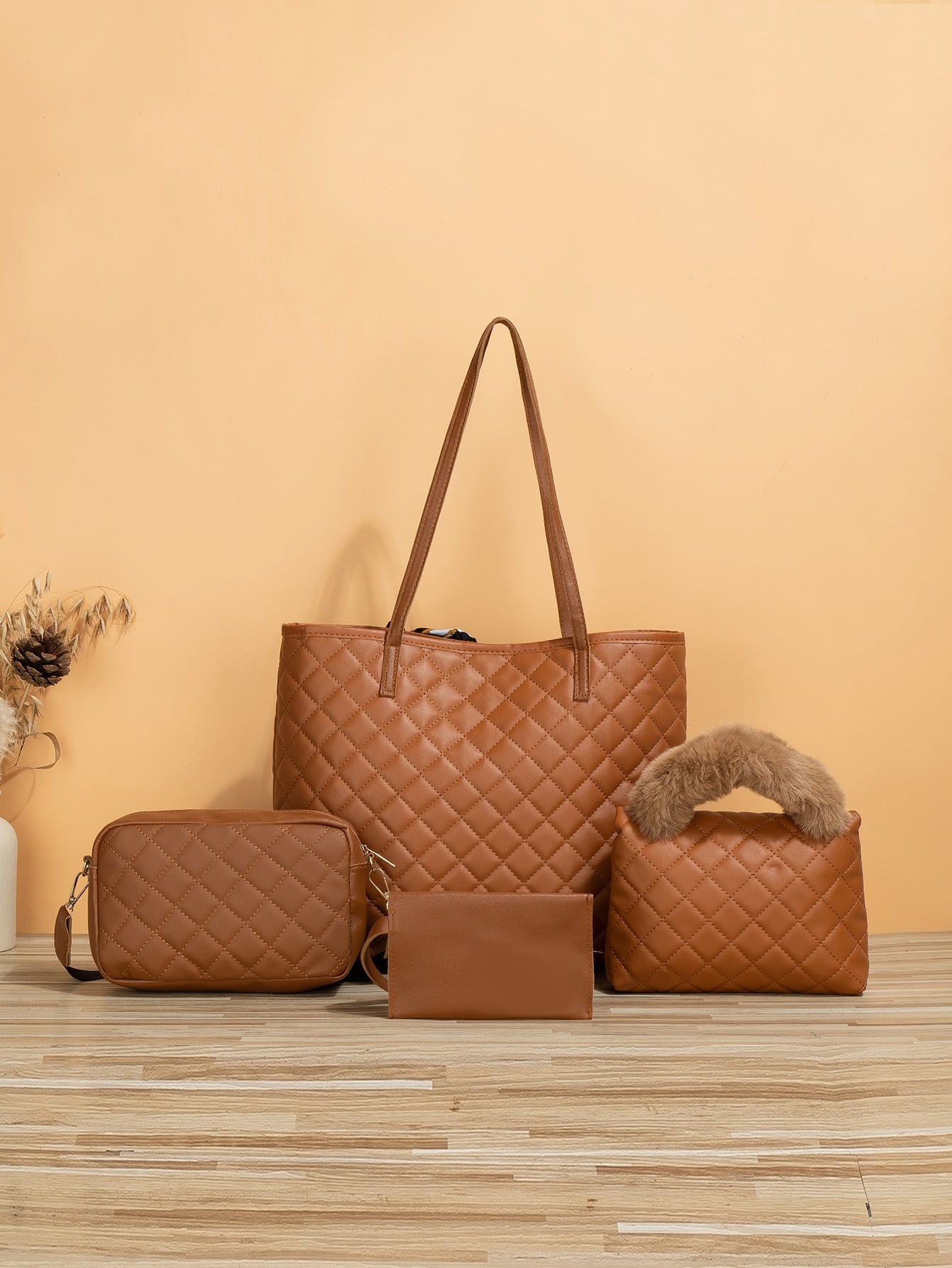 4pcs Bag Set Tote Bag Satchel Crossbody Bag Coin Purse Quilted Pattern Best Work Bag For Women - Negative Apparel