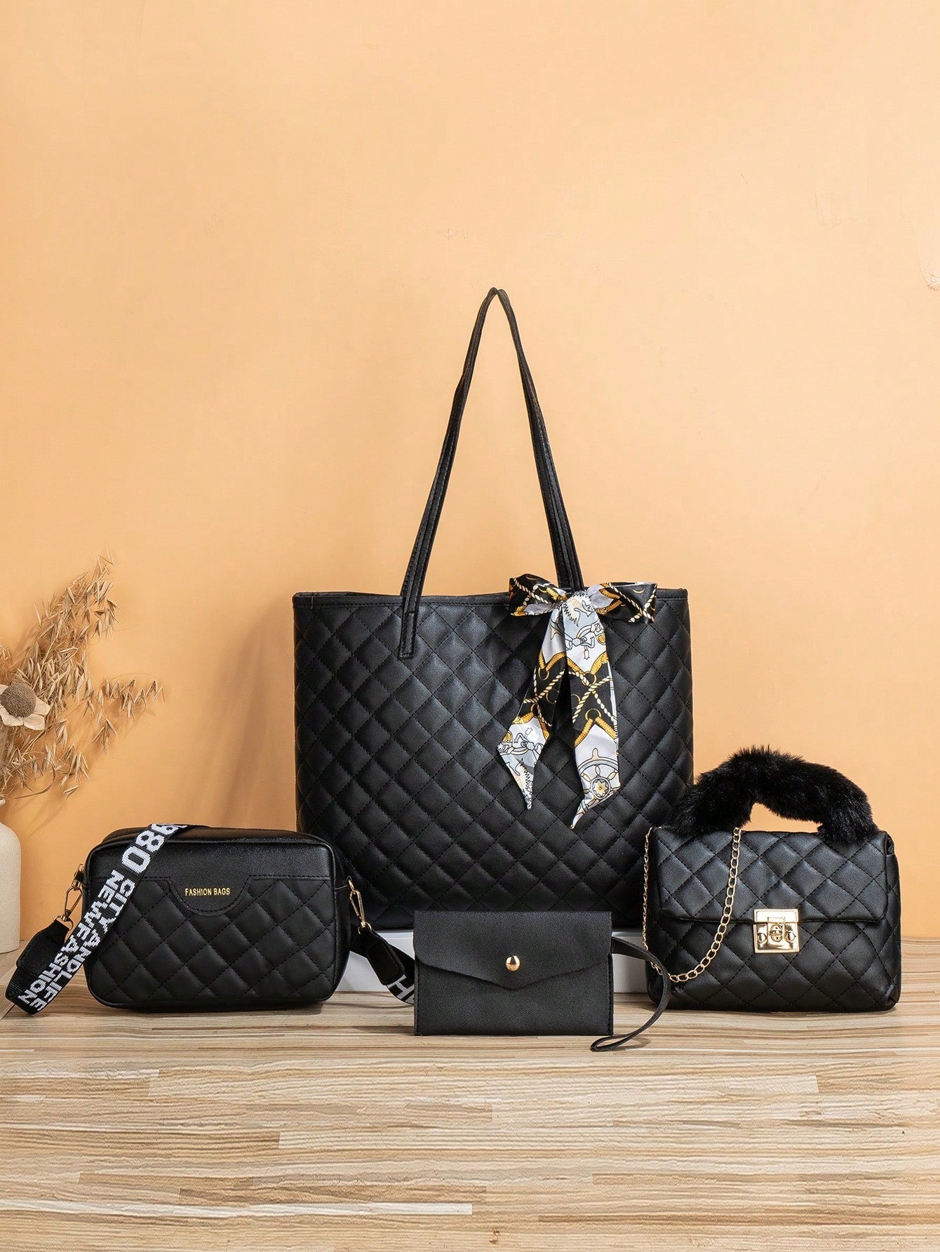 4pcs Bag Set Tote Bag Satchel Crossbody Bag Coin Purse Quilted Pattern Best Work Bag For Women - Negative Apparel