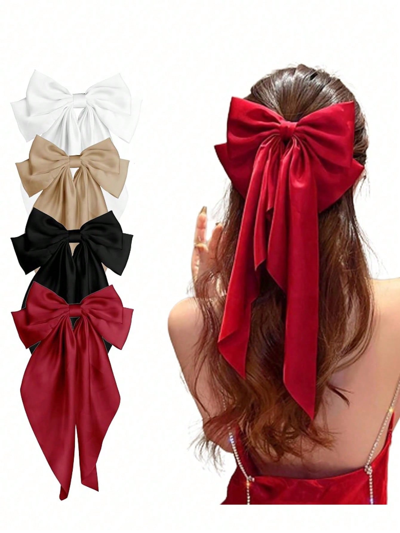 4pcs Women's Solid Color Satin Silk Oversized Bow Hairpins - Negative Apparel