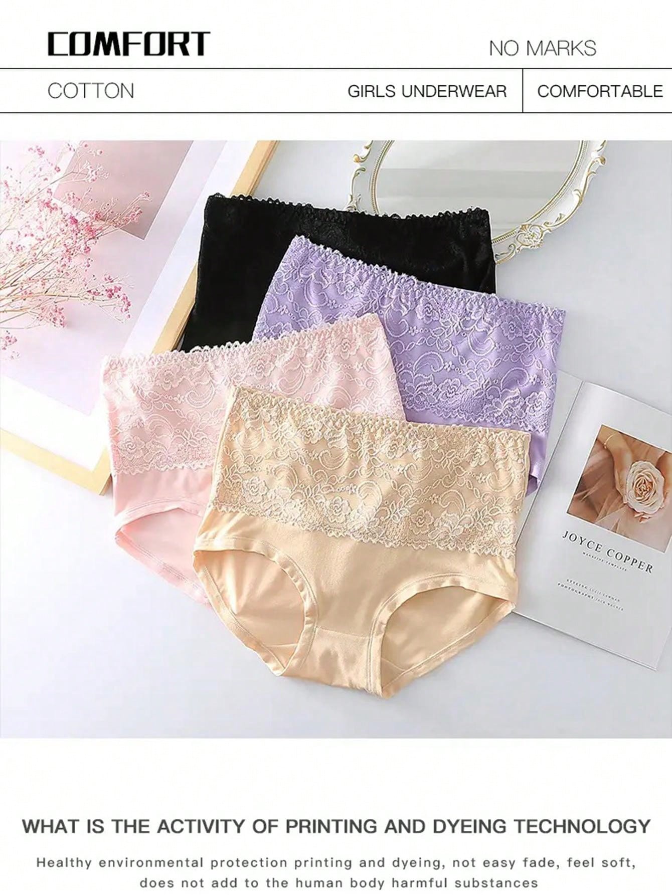 4pcs/pack Women's Plus Size Soft Skin - friendly Lace Trimmed Triangle Panties - Negative Apparel