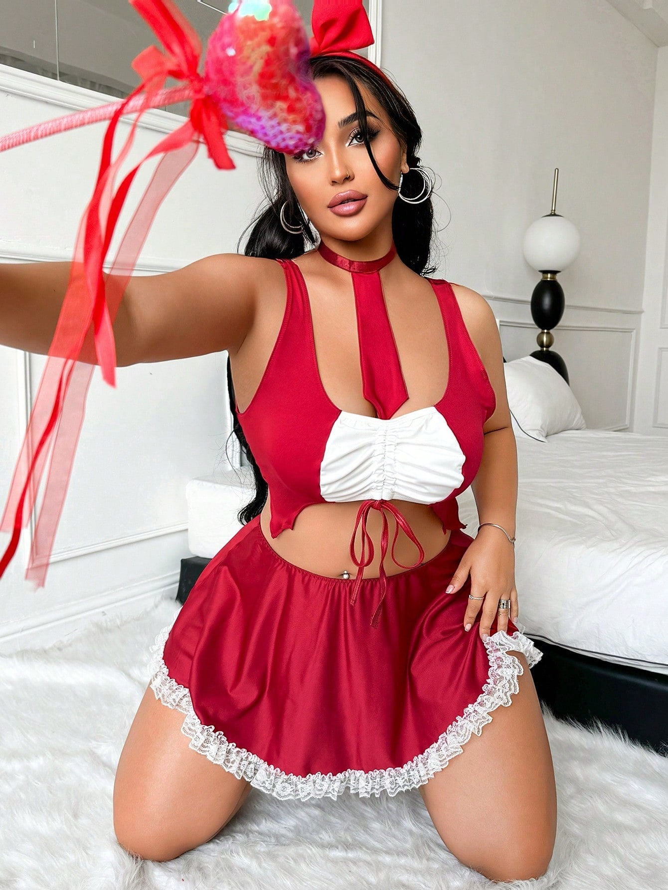 4pcs/Set Plus Size Sexy Costume Role Play Series - Bowknot, Contrast Ruffle Sleeveless Crop Top, Boyshort Panties, And Lace Mini Skirt Sexy Outfit FD - Negative Apparel