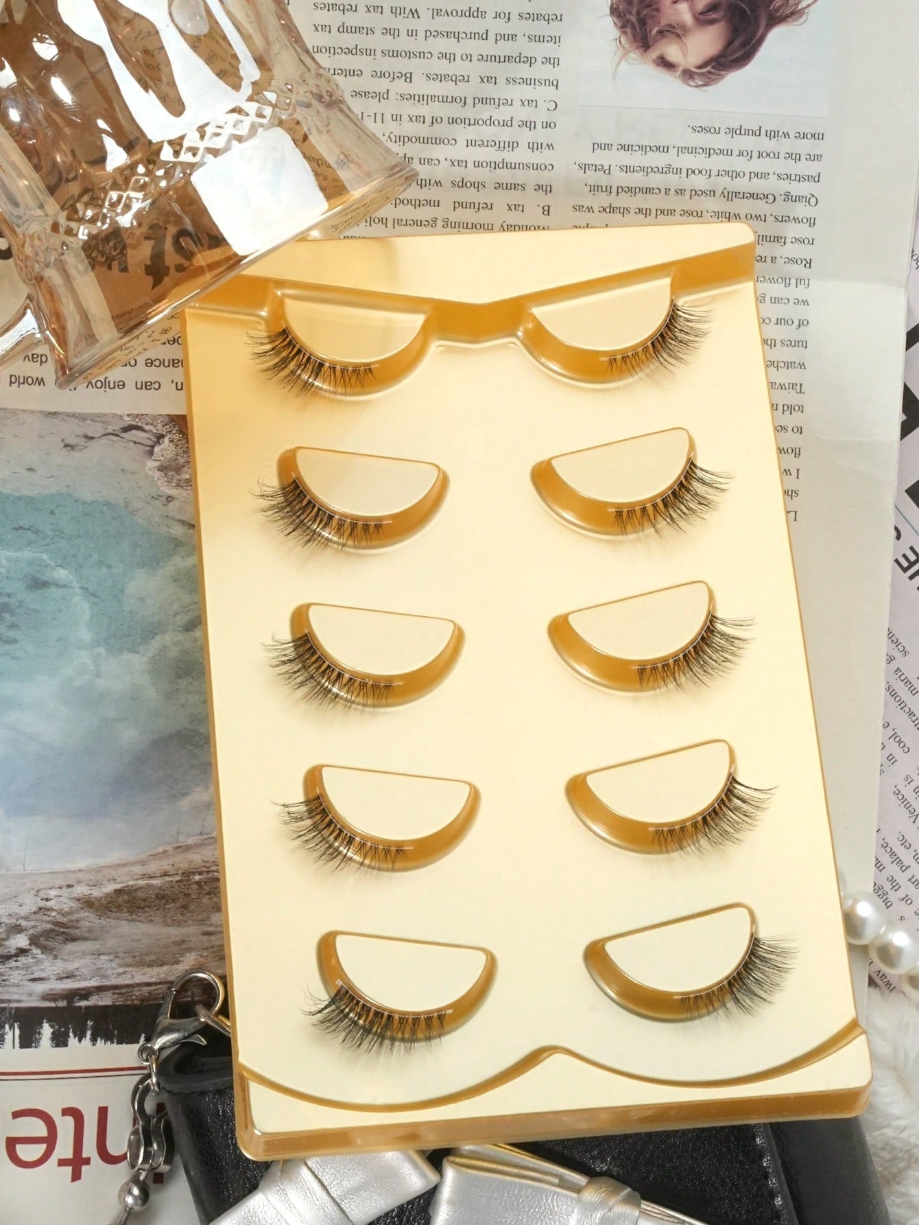 5 Pairs Wispy Cat - Eye Style Natural Short Mouth Faux Mink Eyelashes With Clear Band - Negative Apparel