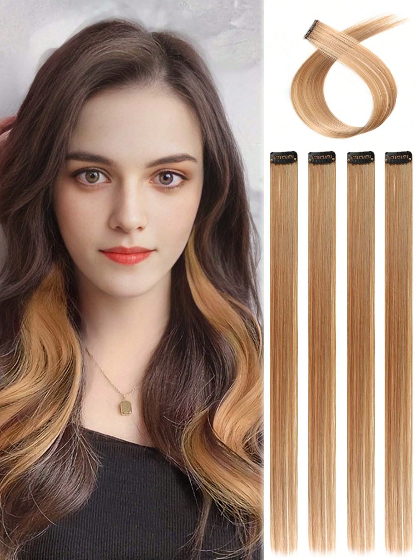 5pcs Clip In Long Straight Synthetic Hairpiece Rainbow Colored Hair Extensions Clip In Hair Accessories Straight Hair Extensions Party Highlights For Women - Negative Apparel