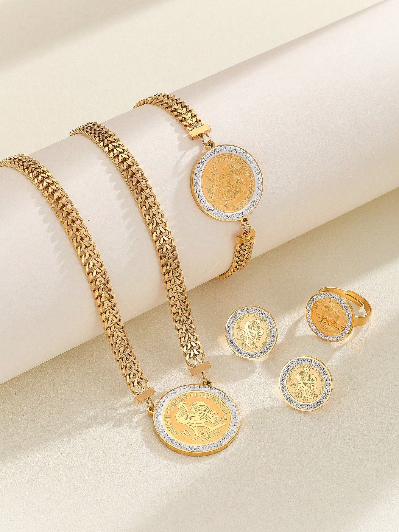 5pcs/set Stainless Steel 18k Gold Round Plate Embossed Frosted Chain - Negative Apparel