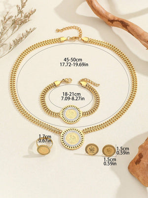 5pcs/set Stainless Steel 18k Gold Round Plate Embossed Frosted Chain - Negative Apparel