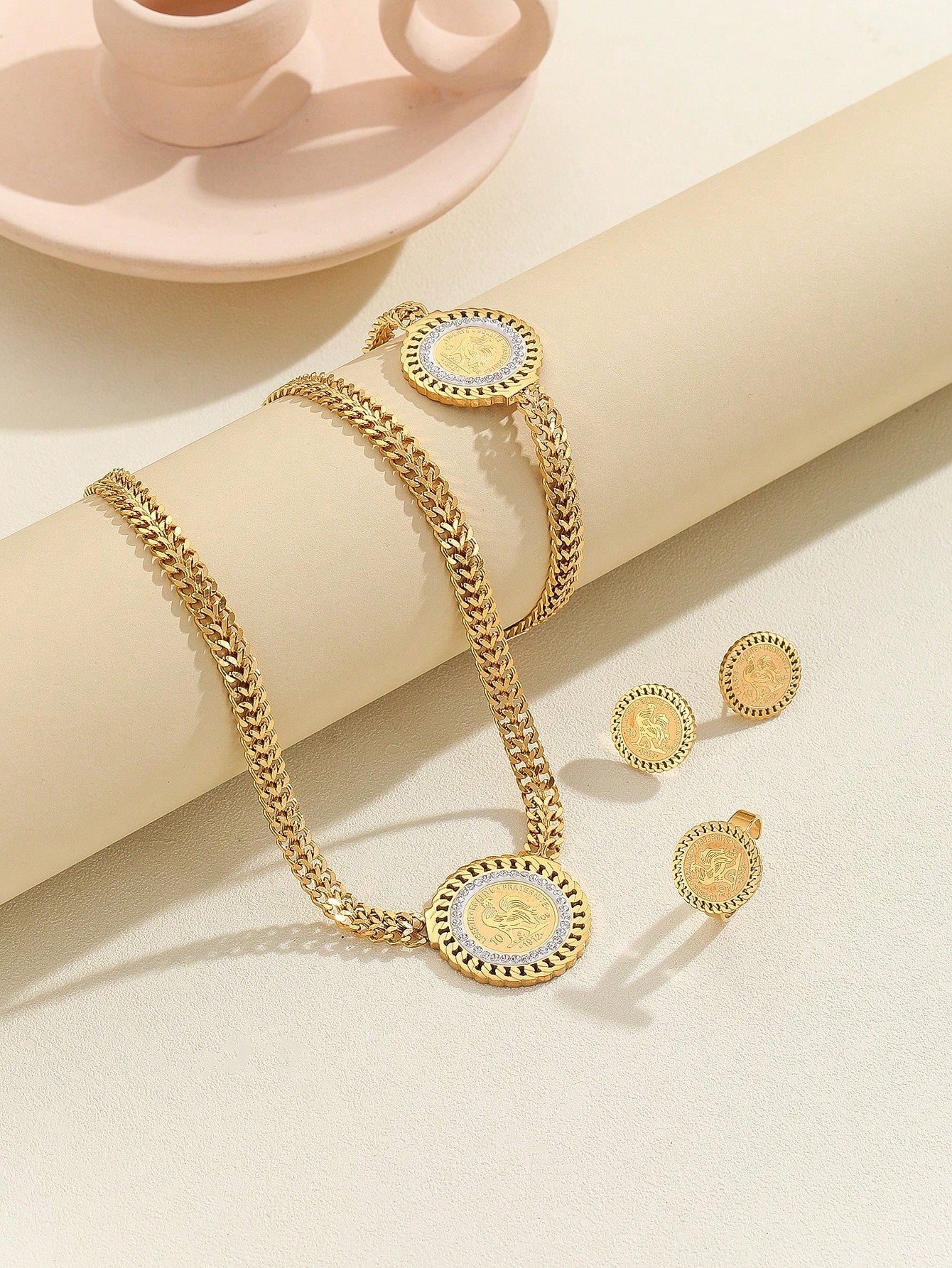5pcs/set Stainless Steel 18k Gold Round Plate Embossed Frosted Chain - Negative Apparel
