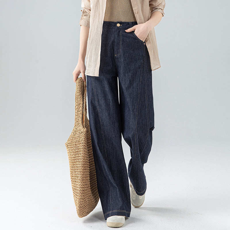 Hips and thin wide-leg jeans women's spring new linen drape pear-shaped figure high-waisted straight pants