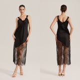 The Sheer Seduction | Black Lace Patchwork Asymmetrical Hem Satin Maxi Slip Sleep Dress