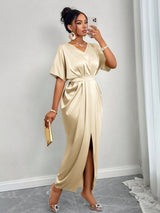 Satin V-Neck Side Split Maxi Dress