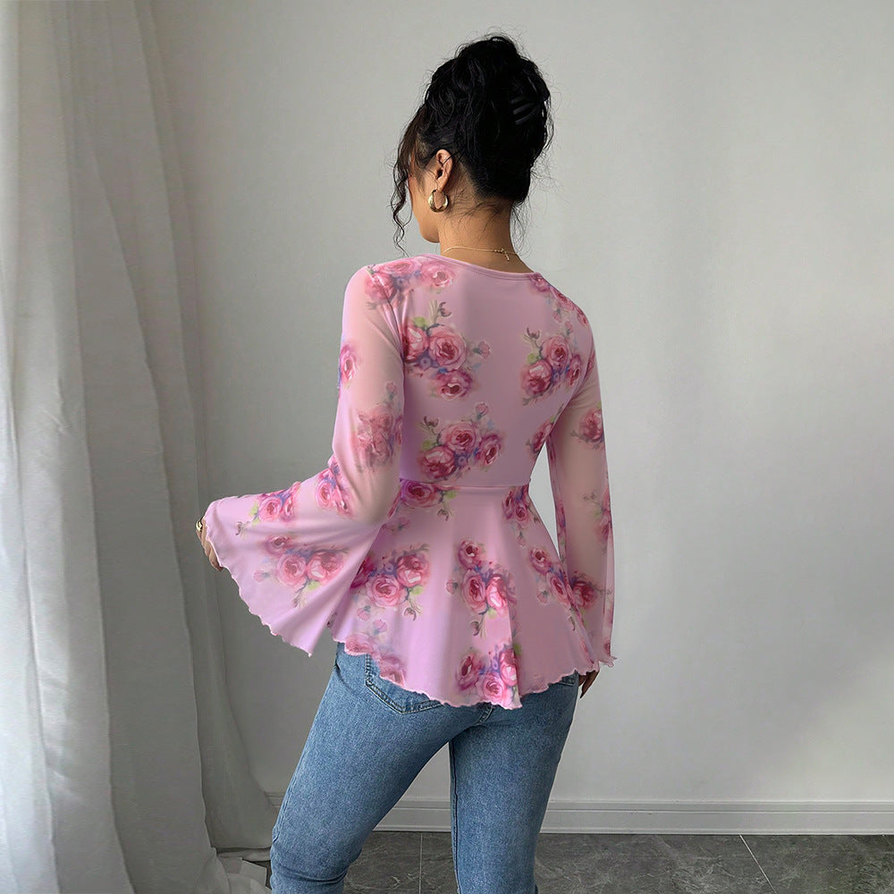 Floral Bow Flare Sleeve Crop Top