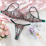 Green Floral Embroidery Mesh Bra and Thong Set