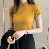Thin Rib Mock Neck Short Sleeve Knit