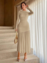 Pleated Mesh Long Sleeve Maxi Dress