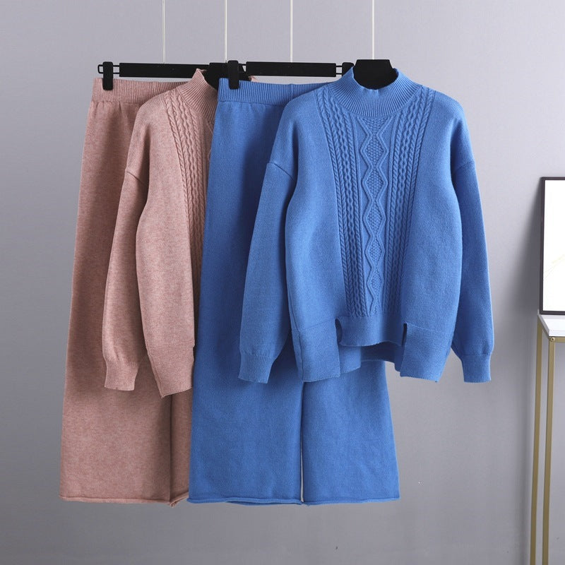 Thick Turtleneck Knit and Wide Leg Set