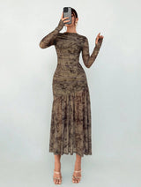 Pleated Mesh Long Sleeve Maxi Dress