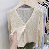 Knitted air-conditioning shirt, sunscreen shirt, women's bamboo knuckle hemp cardigan, long-sleeved spring and summer thin outer with short V-neck shawl top
