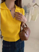 Knitted Polo Collar Short Sleeve Top