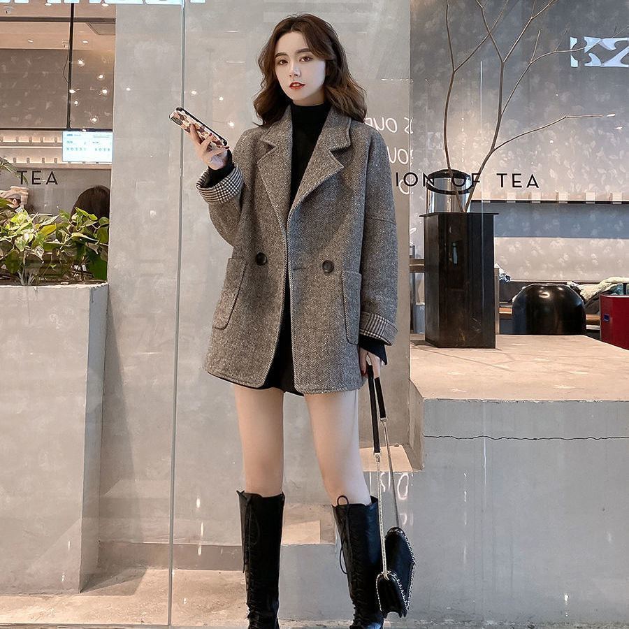 Women’s Thousand Birds Wool Jacket – Elegant Long Suit Collar Coat | Autumn 2025 Loose Fit Commuter Style