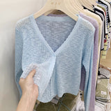 Knitted air-conditioning shirt, sunscreen shirt, women's bamboo knuckle hemp cardigan, long-sleeved spring and summer thin outer with short V-neck shawl top