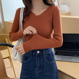 Autumn and winter V-neck knitted long-sleeved slim-fitting tight-fitting warm bottoming shirt top trendy pullover thin sweater women's wholesale