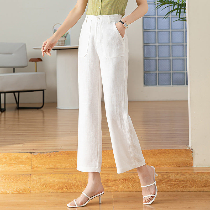 Tencel hemp white wide-leg pants women's straight nine-point casual pants women's elastic waist linen OL professional wide-leg pants new