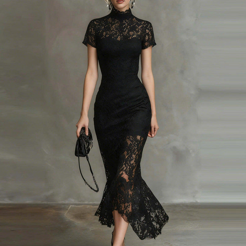 Lace Panel Mock Neck Maxi Dress
