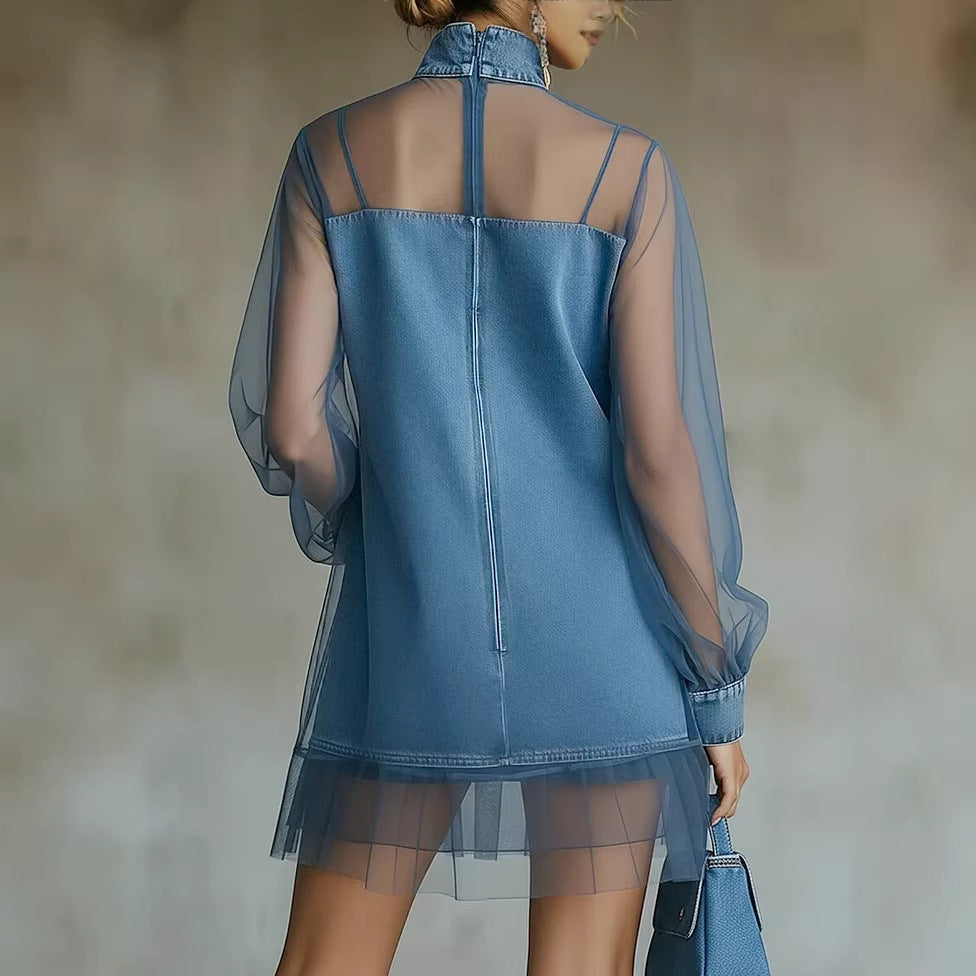 Denim Panel A-Line Mini Dress