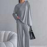The Modal Comfort | Solid Color Round-Neck Long-Sleeve Top & Pants Pajama Set