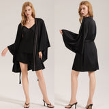 The Satin Serenity | Black Satin Three-Piece Sleep Set (Robe, Cami & Shorts)