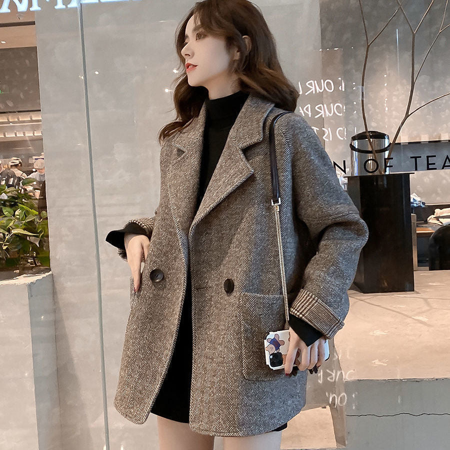 Women’s Thousand Birds Wool Jacket – Elegant Long Suit Collar Coat | Autumn 2025 Loose Fit Commuter Style
