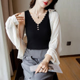Bottom shirt women's inner V-neck ice silk black and white suspender vest spring and summer sleeveless knitted sweater top outer wear wholesale
