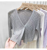 Knitted air-conditioning shirt, sunscreen shirt, women's bamboo knuckle hemp cardigan, long-sleeved spring and summer thin outer with short V-neck shawl top