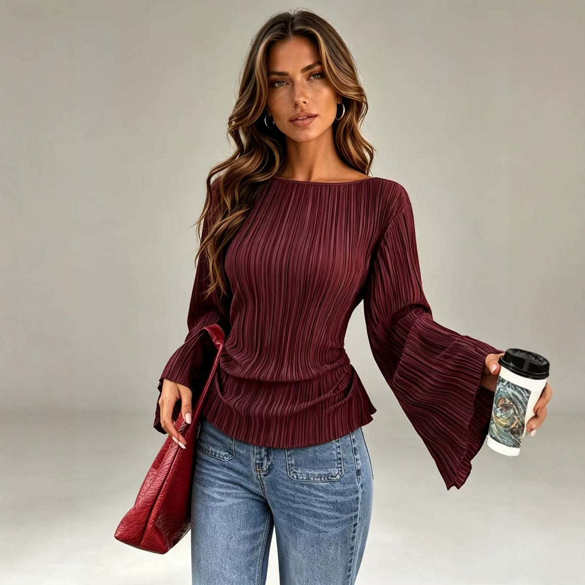 Tie Waist Pleated Flare Sleeve Top