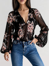Floral Print Lantern Sleeve Blouse