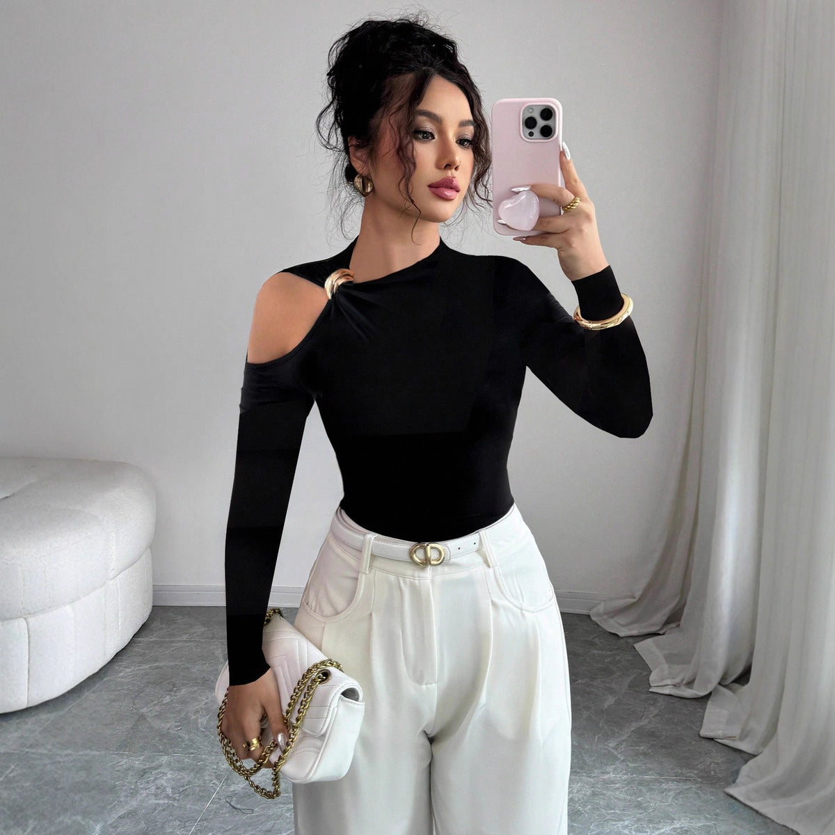 Asymmetric One Shoulder Metal Trim Top