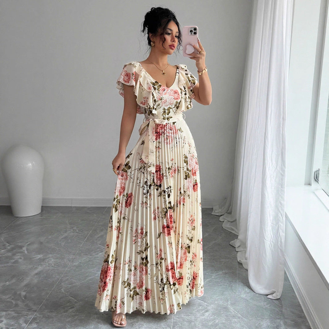 Elegant Apricot V‑Neck Pleated Maxi Dress with Lotus‑Leaf Sleeves