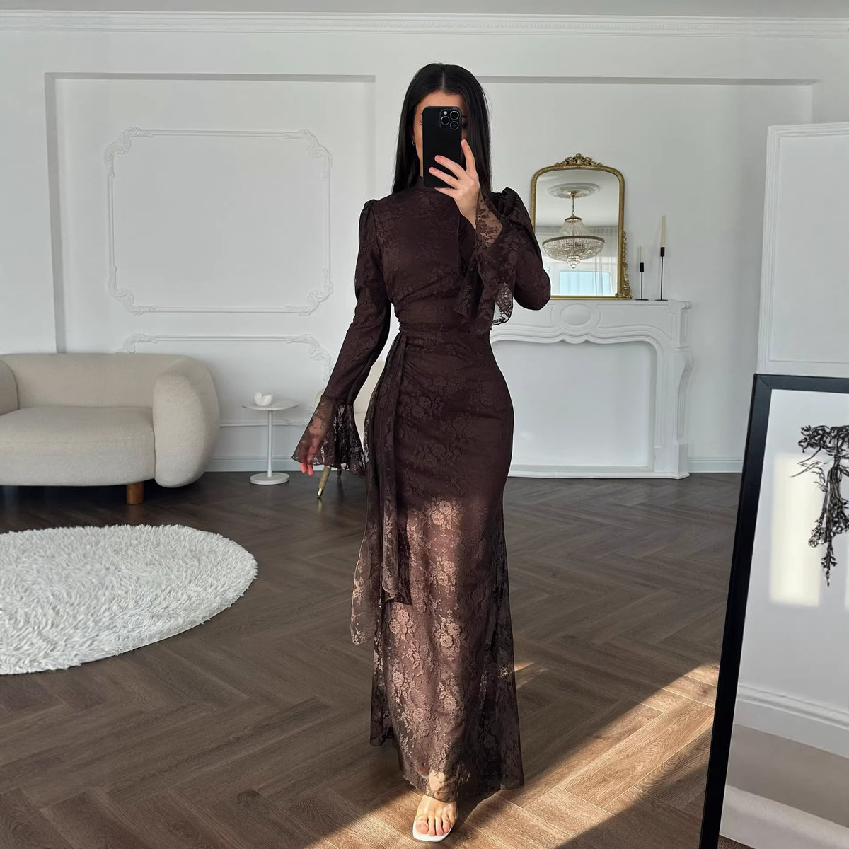 Jacquard Stand Collar Evening Gown