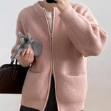 Casual Cashmere Blend Zipper Cardigan – Korean Loose Fit Pocket Sweater for Women