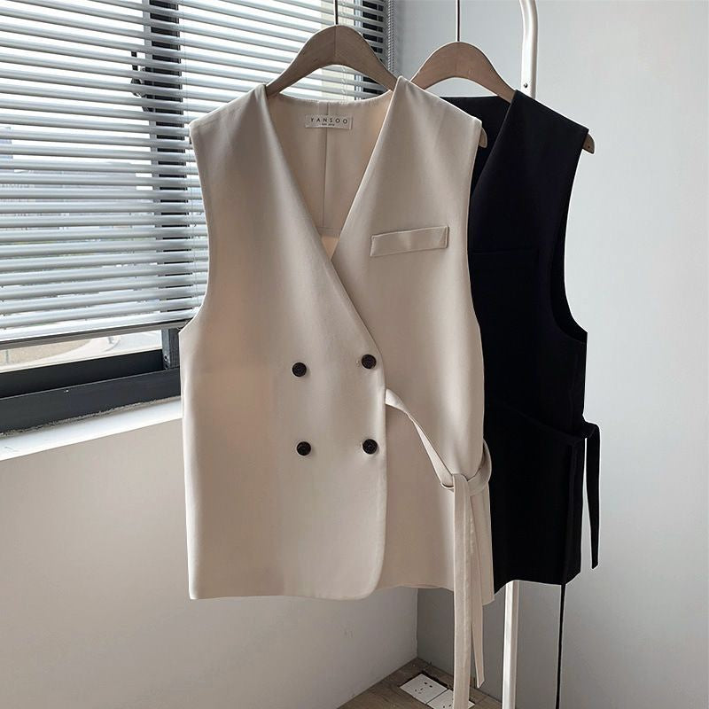 Women’s Double-Breasted Vest – Loose Fit Cardigan Style | Solid Color Japanese & Korean Casual Outerwear