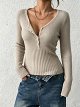 Ribbed Half Button Knit Top