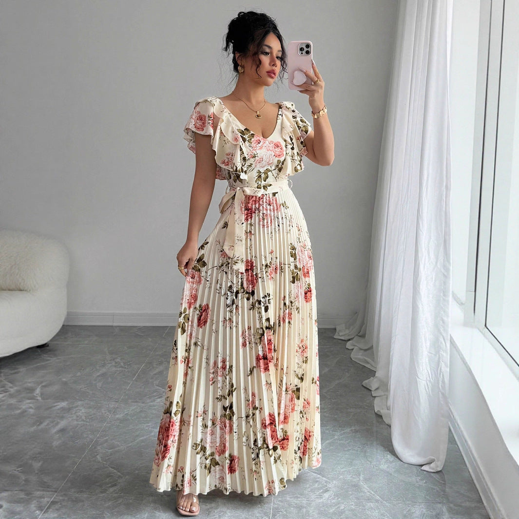 Elegant Apricot V‑Neck Pleated Maxi Dress with Lotus‑Leaf Sleeves
