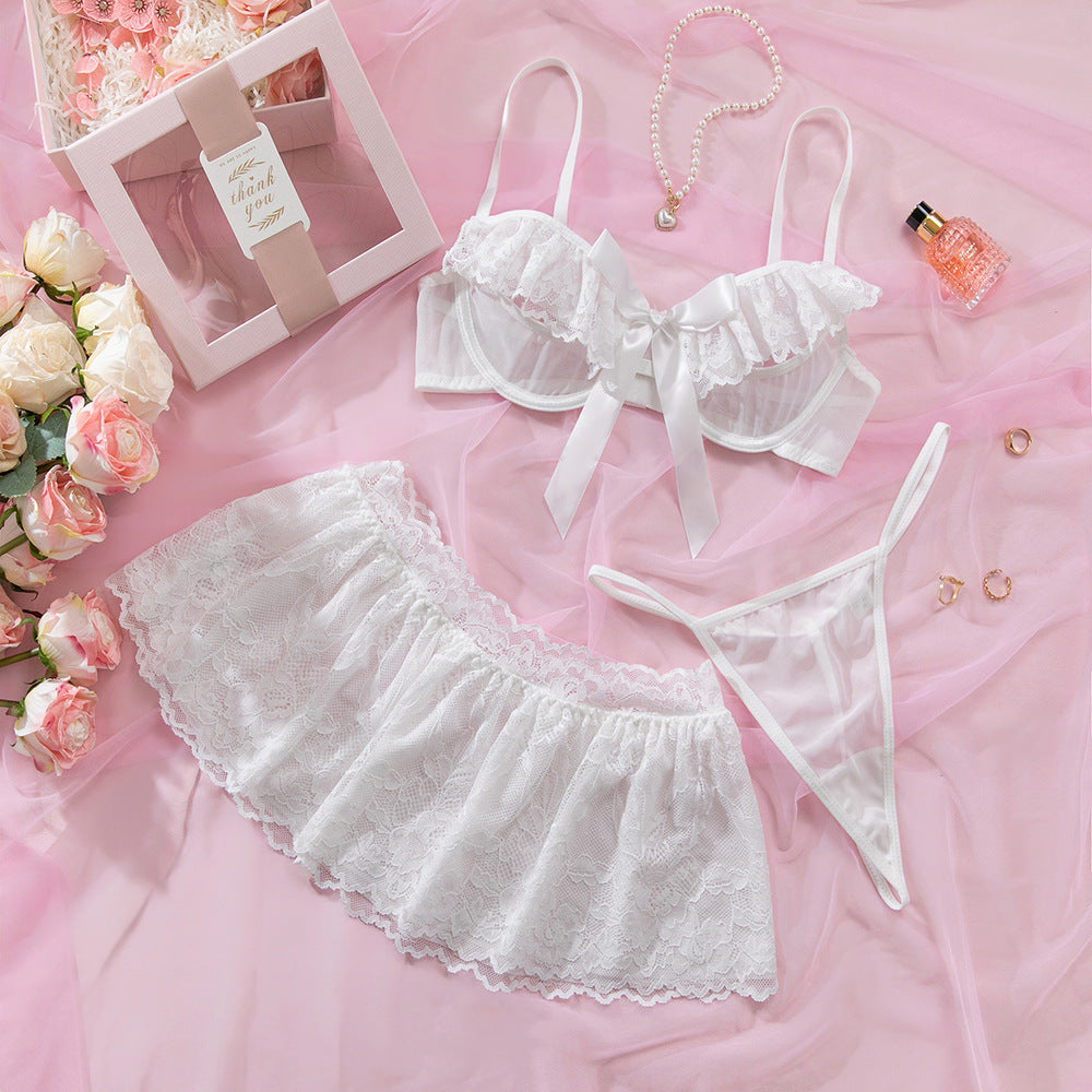 White Lace Underwire Three Piece Lingerie Set